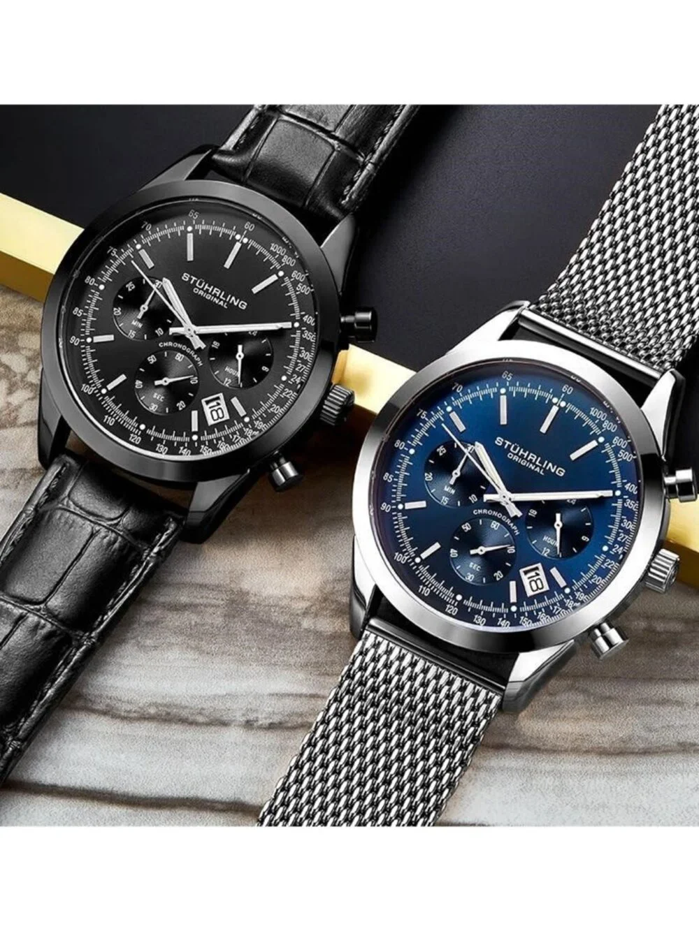 NWT Stuhrling Original Monaco Quartz Black Dial Men's Watch